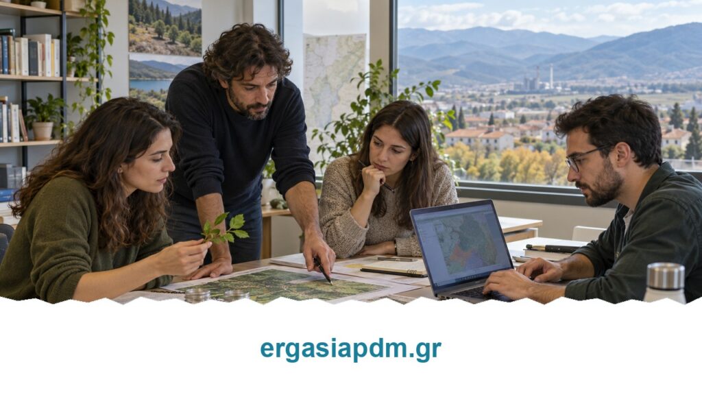 Ενδεικτική εικόνα AI: φανταστική ομάδα ευρωπαϊκών έργων βιοοικονομίας και περιβάλλοντος στην Κοζάνη.